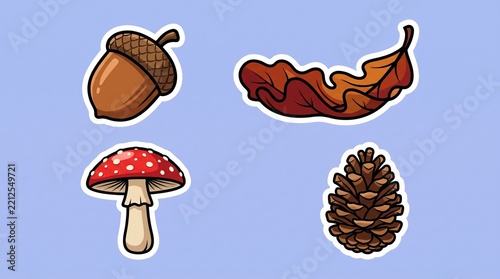 Cute autumn stickers set with acorn leaf mushroom and pinecone vector illustration
