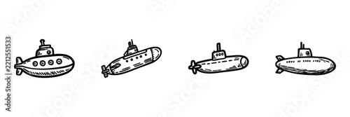 Submarines Hand Drawn Doodle Icon Set. Underwater Vessel Sketch Symbol Collection. Marine Technology And Naval Military Context. Isolated Vector Illustration