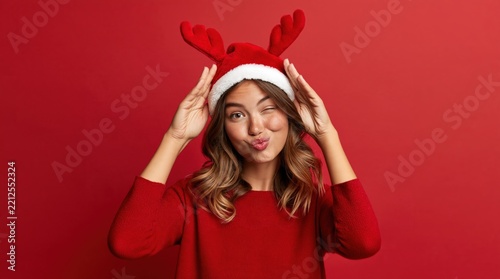 Playful young woman wearing reindeer antlers making funny kissing face