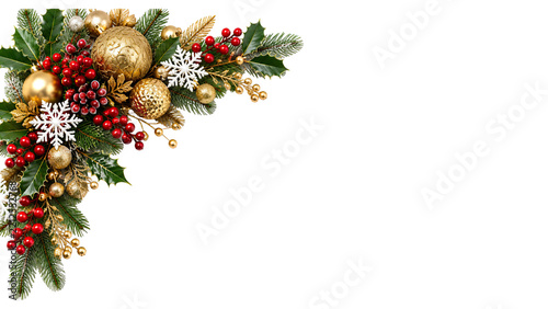 Elegant Christmas corner arrangement with evergreen pine holly red berries golden ornaments and snowflakes festive holiday decoration isolated on white background