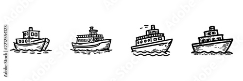 Boats Hand Drawn Doodle Icon Set. Small Passenger And Ferry Boats Sketch Symbol Collection. Transportation And Travel Marine Context. Isolated Vector Illustration