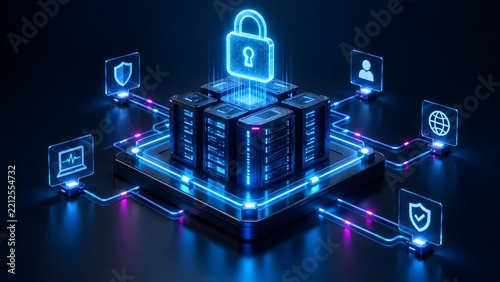 Glowing digital padlock hovering above a central server cluster connected to security icons illustrating advanced cybersecurity and encrypted data center protection