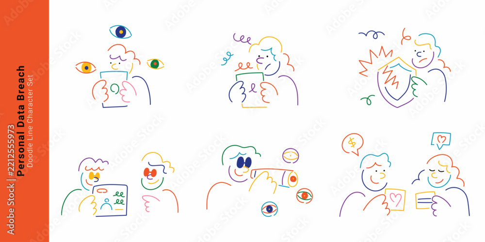 Obraz premium Personal data breach concept. Colorful doodle line character set illustrating privacy risk, surveillance, hacking and identity theft.
