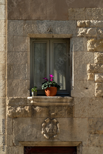 Historic stone house window with a blooming flower pot and carved coat of arms in Girona, Spain. Beautiful Mediterranean old town architecture details.