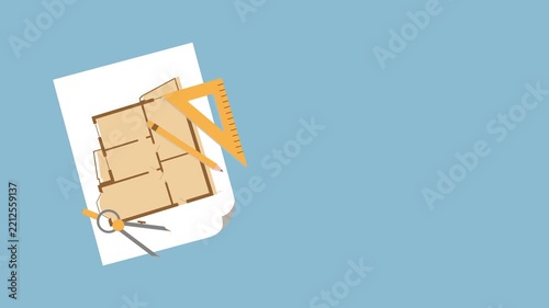 Architectural blueprint with drafting tools animation
