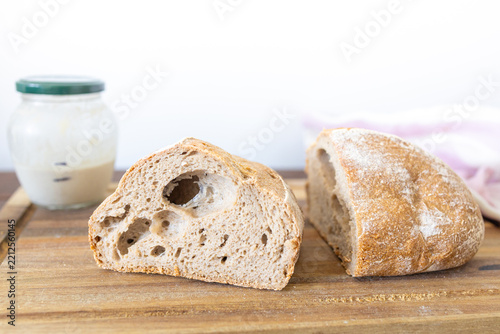Homemade Buckwheat Sourdough Bread Loaf Cut in Half