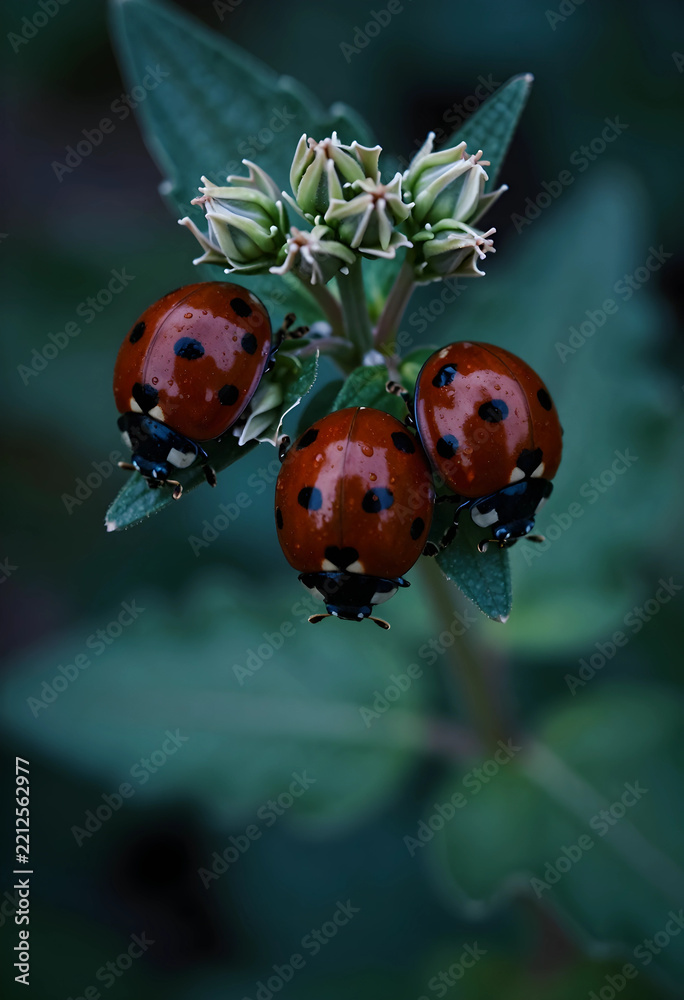Obraz premium Biodiversity and ecosystem health, three ladybugs on a green plant in nature organic pest control and environmental sustainability in spring