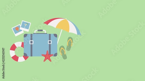 Summer vacation travel concept animation with suitcase and beach accessories