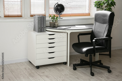 Remote work and home office setup, modern workspace with desk and chair for p...