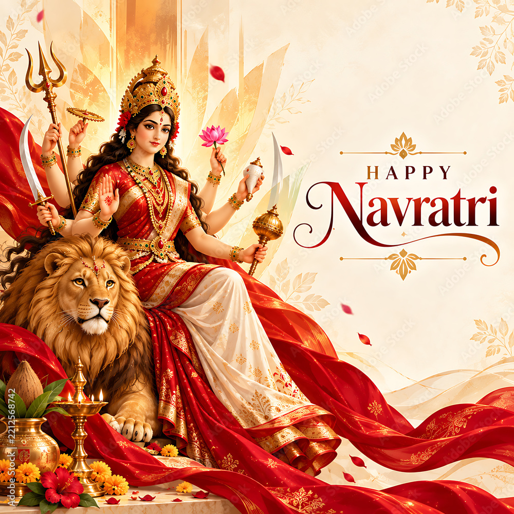 Fototapeta premium Happy navratri festive greeting with goddess durga navratri festival devotion