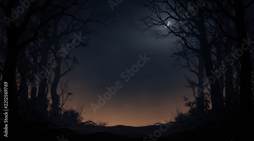 A scenic view of a dark, moody forest at night with a crescent moon shining above barren silhouettes of trees.