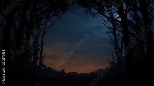 A dark forest silhouette frames a twilight sky with a crescent moon appearing over distant hills.