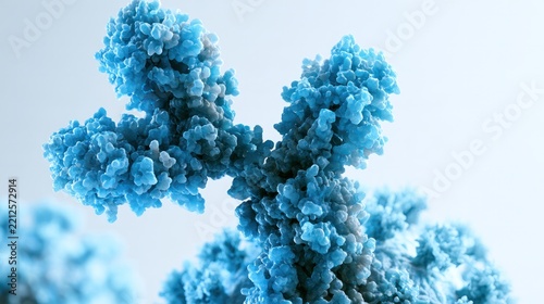 Antibody structure: A detailed 3D render of a blue antibody molecule, showcasing its intricate Y-shaped structure with protein chains and immune system function.