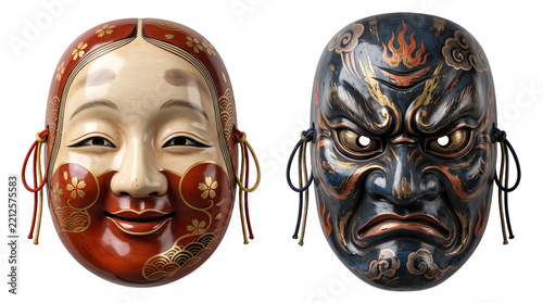 Traditional Japanese kabuki masks featuring detailed red floral and demonic black fire patterns for theater performance and cultural ceremony usage.
