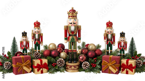 Traditional Christmas nutcracker soldiers arranged neatly together with festive ornaments, gift boxes, pine branches, and tiny green trees on transparent background