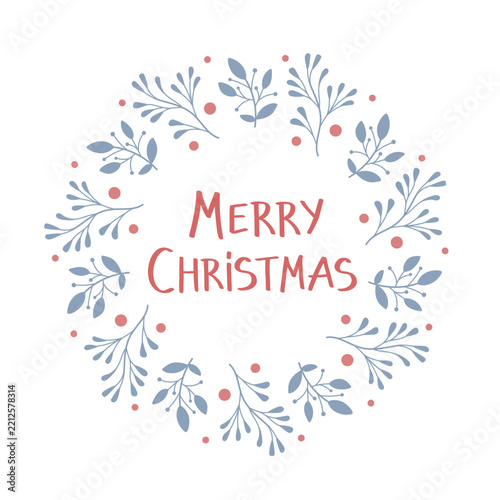 Winter wreath of botanical branches with berries. Merry Christmas text. Hand drawn flat illustration.