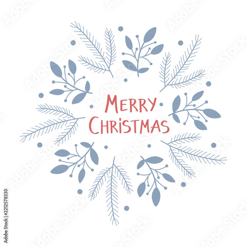 Winter wreath of pine branches with berries. Merry Christmas text. Hand drawn flat illustration.