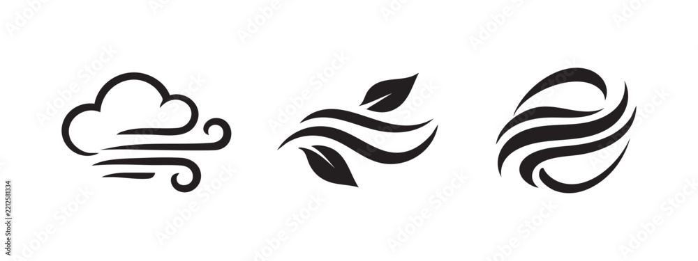 Fototapeta premium Three Minimalist Wind Symbols and Airflow Icons in Black