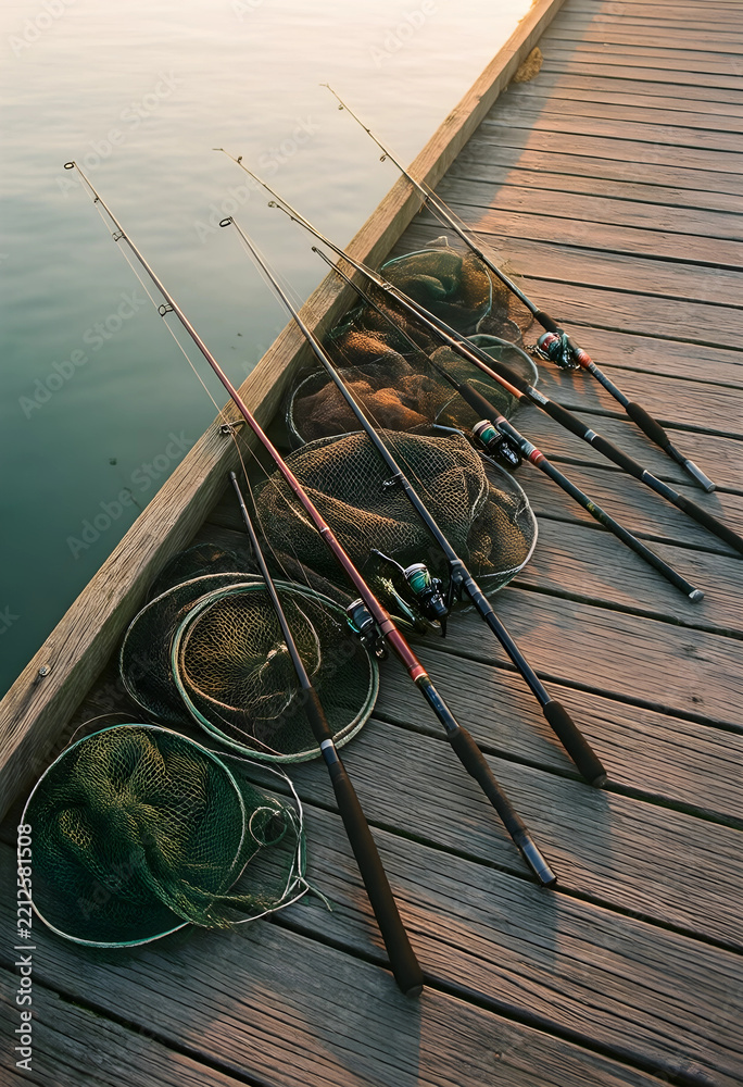 Fototapeta premium Recreational fishing and outdoor leisure, fishing rods and landing nets resting on a wooden pier at sunrise for hobby and sport activity preparation