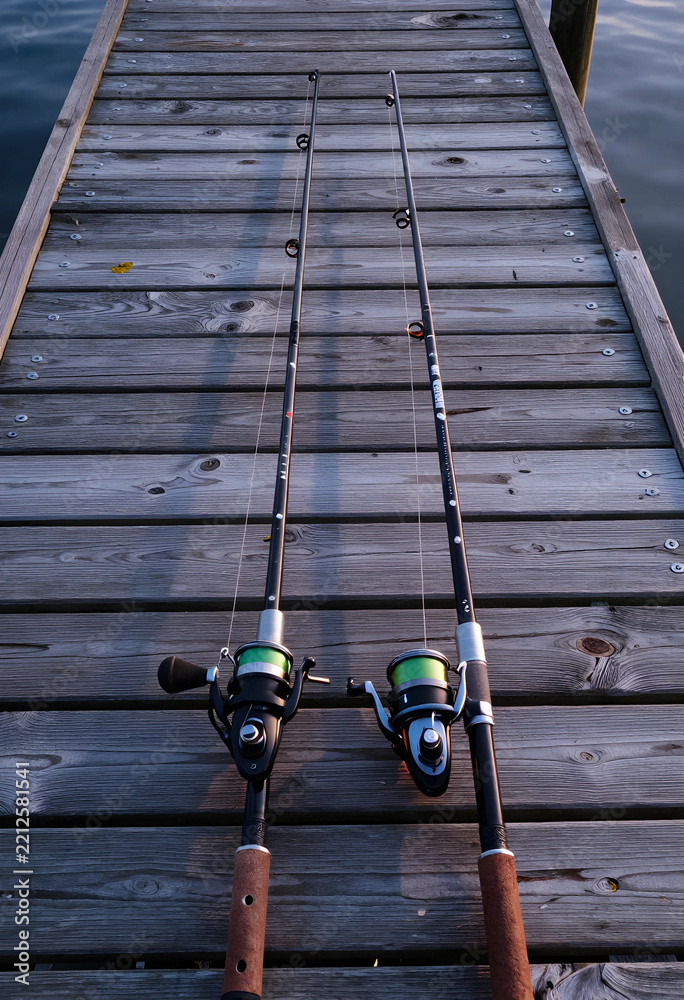 Fototapeta premium Leisure and recreation, two fishing rods with reels resting on a wooden pier at sunrise for outdoor hobby and travel lifestyle photography