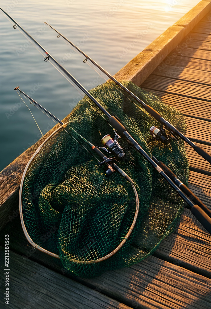 Fototapeta premium Leisure fishing and outdoor recreation, fishing rods and landing net on a wooden pier at sunset for travel and hobby lifestyle photography