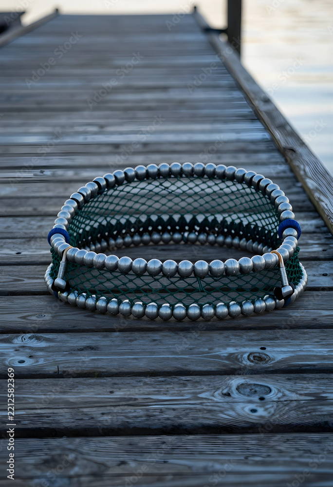 Fototapeta premium Sustainable aquaculture and commercial fishing, circular fish farming net with metal weights on a wooden pier for marine industry and seafood production