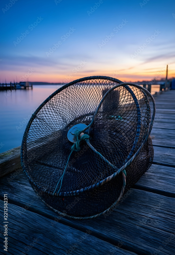 Fototapeta premium Sustainable fishing and coastal economy, crab trap on a wooden pier at sunset with calm water and horizon view for maritime industry and travel themes