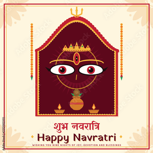 Happy Navratri Greeting Card with Maa Durga Eyes, Trishul, Kalash, Diya and Temple Arch, Shubh Navratri Hindi Text Social Media Post
