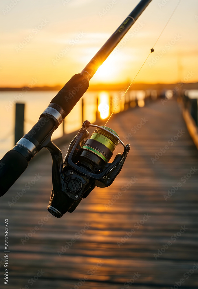 Fototapeta premium Fishing leisure and outdoor recreation, spinning rod and reel held on a wooden pier at sunset for travel adventure and hobby lifestyle photography