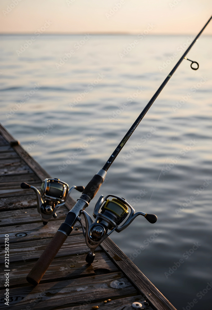 Fototapeta premium Leisure and recreation, fishing rod with spinning reel resting on a wooden pier at sunset for outdoor hobby and travel lifestyle vacation