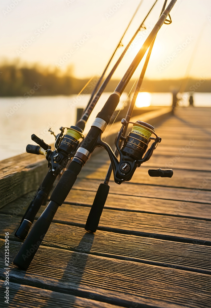 Fototapeta premium Fishing leisure and outdoor recreation, fishing rods with spinning reels standing on a wooden pier at sunset by the lake for hobby and travel lifestyle
