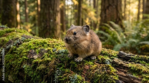 Small Wild Rodent Sitting on Moss Covered Forest Log