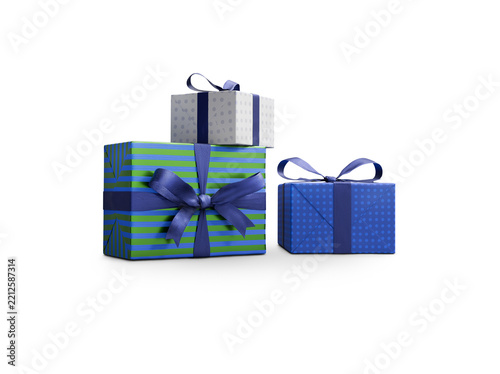 A group of three wrapped up blue, white and green metallic birthday and Christmas presents stacked up and ready to open isolated against a transparent background