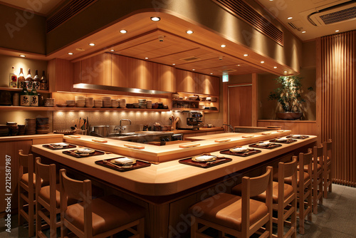 Empty authentic Japanese sushi restaurant counter with warm wooden interior.