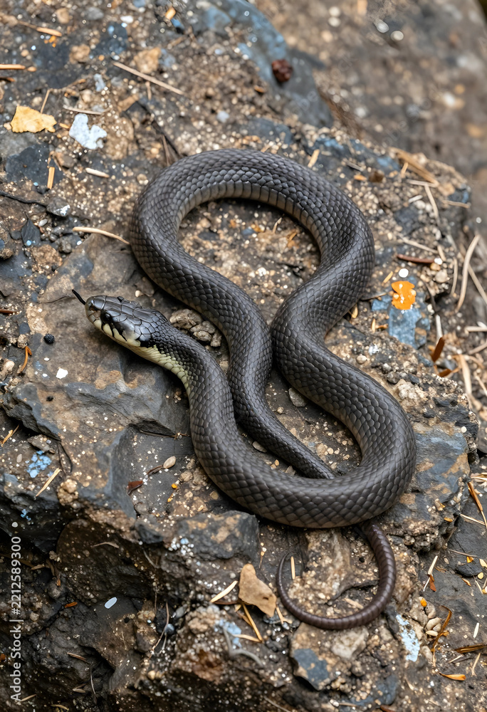 Obraz premium Wildlife conservation and biodiversity, grass snake resting on a rocky surface in nature with tongue flicking out to sense the environment in the wild
