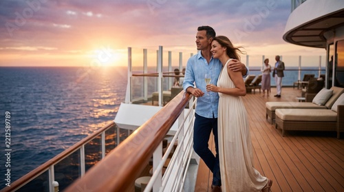 Couple enjoying a romantic cruise at sunset from the open deck, cinematic lifestyle photography for honeymoon, travel and luxury vacation campaigns