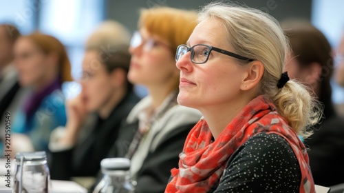 Attentive Professional Woman Participating in a Business Conference Presentation