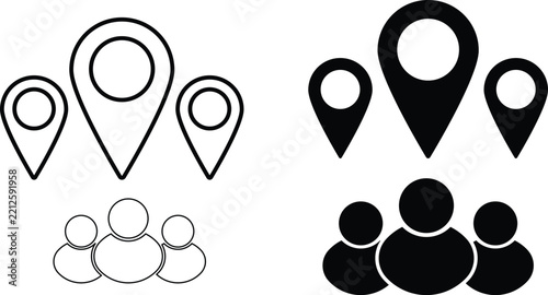 People Location icon set, group of users inside map pin symbols, community and meeting point markers. Map Pointer Markers in Solid Black Glyph and Colored Variations
