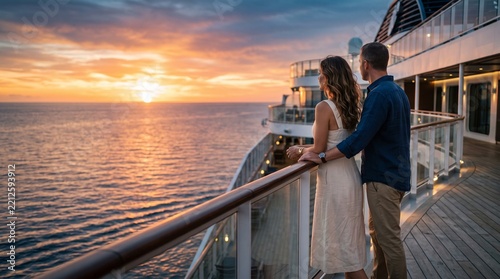 Couple enjoying a romantic cruise at sunset from the open deck, cinematic lifestyle photography for honeymoon, travel and luxury vacation campaigns