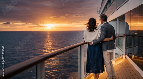 Couple enjoying a romantic cruise at sunset from the open deck, cinematic lifestyle photography for honeymoon, travel and luxury vacation campaigns
