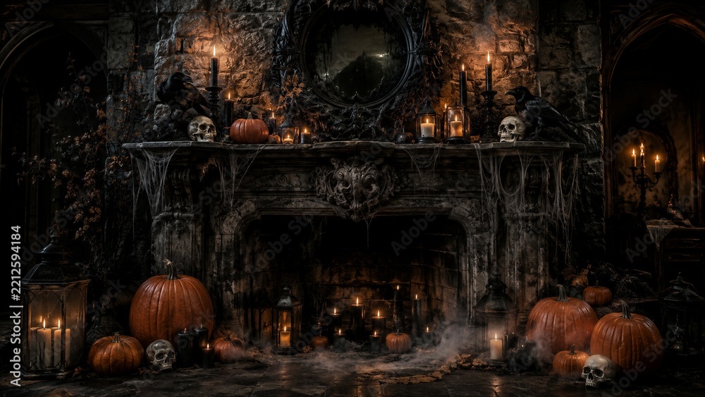 Obraz premium Halloween decorated gothic fireplace with pumpkins, skulls, ravens and candles. Seasonal interior decor. Haunted house theme and spooky autumn party display.