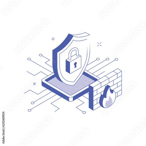 Cybersecurity isometric concept with shield padlock and firewall