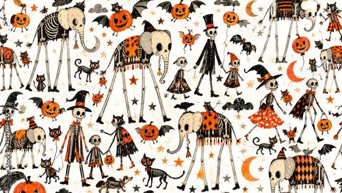 Whimsical Halloween pattern with skeleton elephants, dressed skeletons, black cats, flying pumpkins, bats, stars and crescent moons on  white background.
