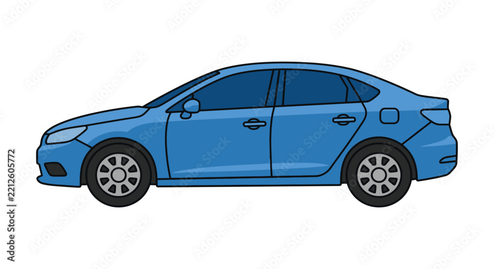 Obraz premium Blue sedan car illustration with black outlines on a white background