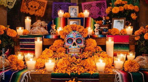 A vibrant Day of the Dead altar adorned with a colorful sugar skull, marigold flowers, lit candles, and traditional bread, creating a warm and spiritual atmosphere for remembrance