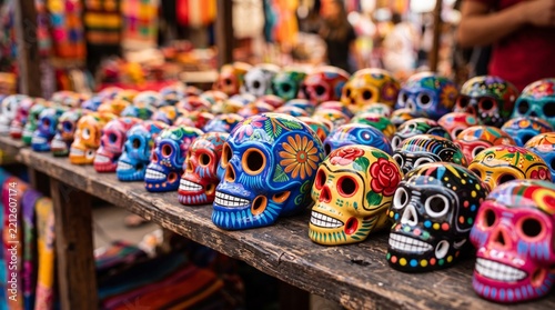 Colorful Day of the Dead sugar skulls displayed for sale at a vibrant outdoor market stall, showcasing intricate floral patterns and traditional Mexican folk art designs