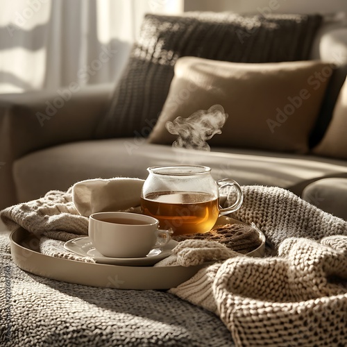 Steaming Tea in Glass Teapot & Cup on Tray with Blanket Soft Sofa Decor