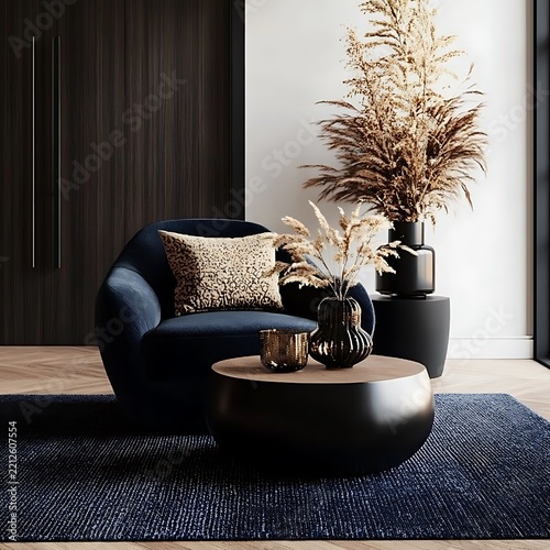 Stylish Living Room Decor with Blue Armchair, Round Table, and Decorative Vases