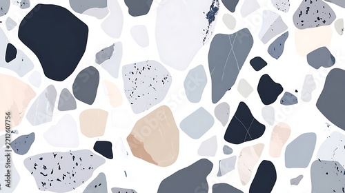 Terrazzo Pattern, Abstract Stone Mosaic Texture with Blue, Grey, Beige & White Elements
