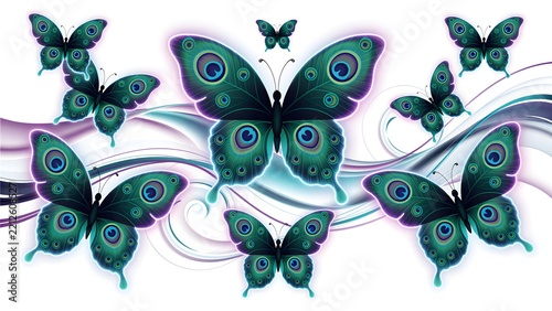 Glowing Turquoise Peacock Feather Pattern Butterflies on Abstract Purple Waves